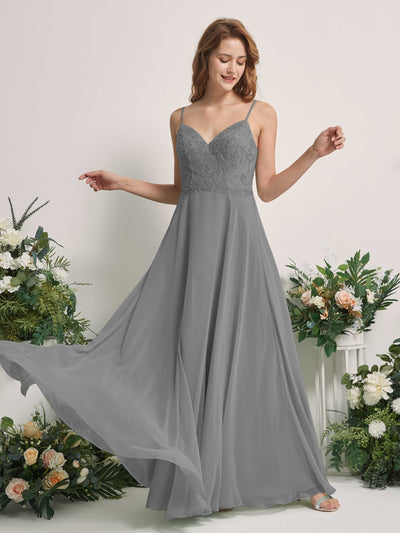 Carlyna Gail A-Line Steel Gray Beaded Bridesmaid Dress Maxi Sleeveless V-Neck Dress Front View #color_steel-gray