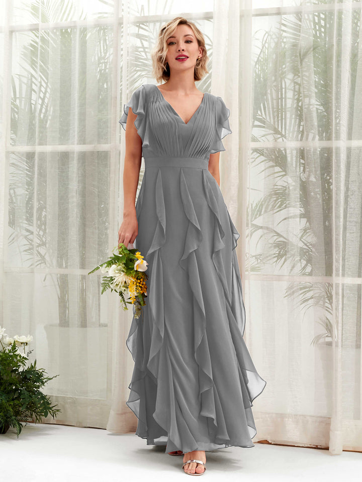 A-line V-neck Short Sleeves Chiffon Bridesmaid Dress - Steel Gray (81226020)