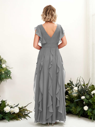 Carlyna Cynthia A-Line Steel Gray Bridesmaid Dress Maxi Cap Sleeve V-Neck Dress Back View #color_steel-gray