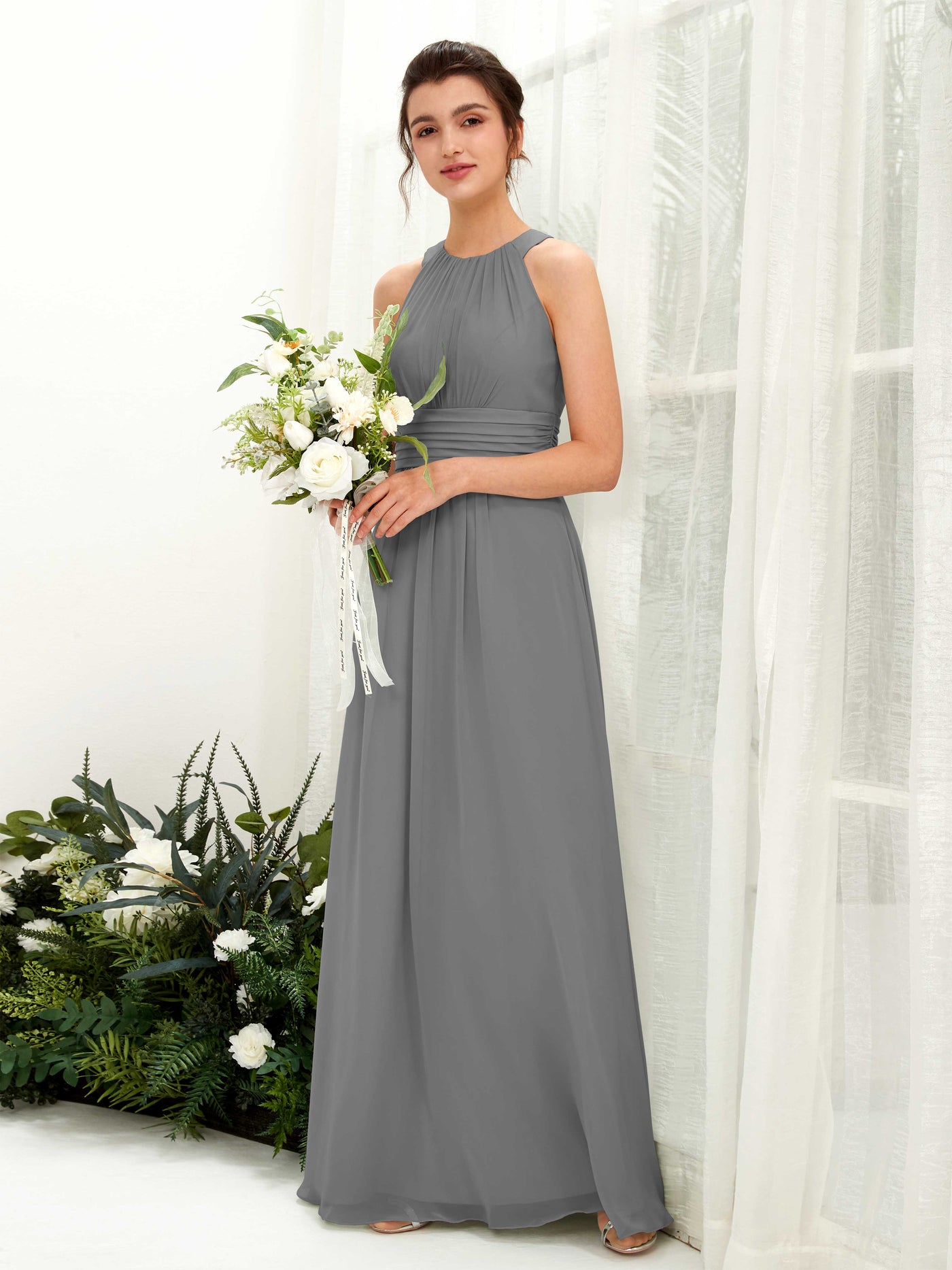 A-line Round Sleeveless Chiffon Bridesmaid Dress - Steel Gray (81221520)#color_steel-gray
