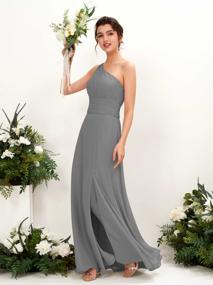 A-line One Shoulder Sleeveless Bridesmaid Dress - Steel Gray (81224720)