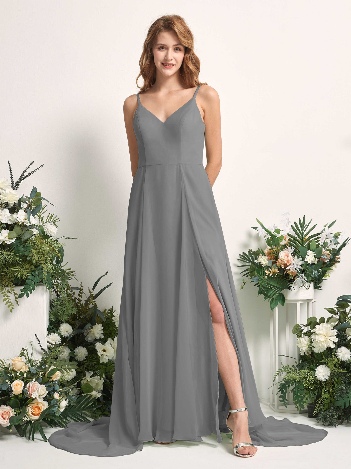Bridesmaid Dress A-line Chiffon Spaghetti-straps Full Length Sleeveless Wedding Party Dress - Steel Gray (81227720)#color_steel-gray