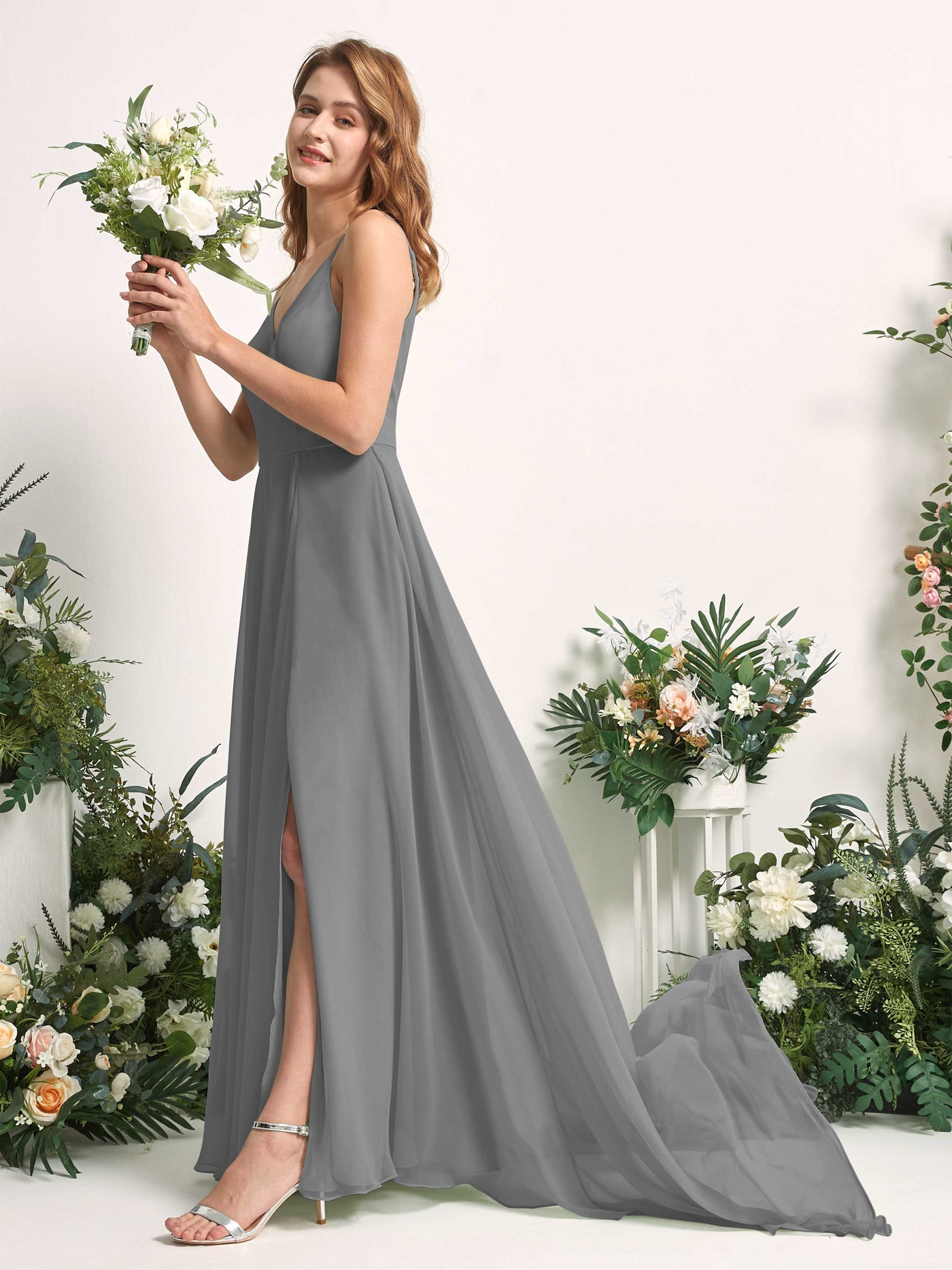 Bridesmaid Dress A-line Chiffon Spaghetti-straps Full Length Sleeveless Wedding Party Dress - Steel Gray (81227720)#color_steel-gray