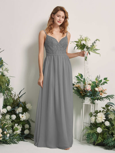 Carlyna Alexandra A-Line Steel Gray Beaded Bridesmaid Dress Maxi Sleeveless V-Neck Dress Front View #color_steel-gray