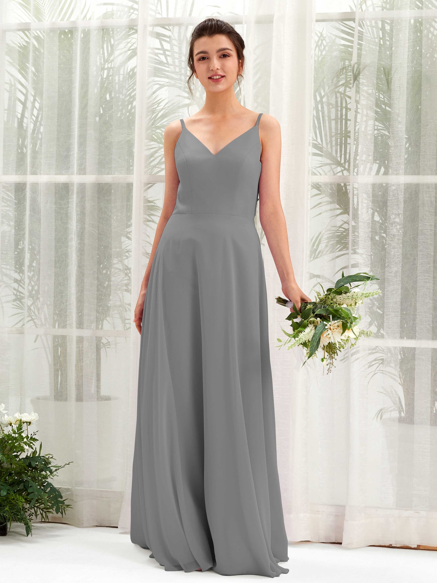 A-line Spaghetti-straps V-neck Sleeveless Chiffon Bridesmaid Dress - Steel Gray (81220620)#color_steel-gray