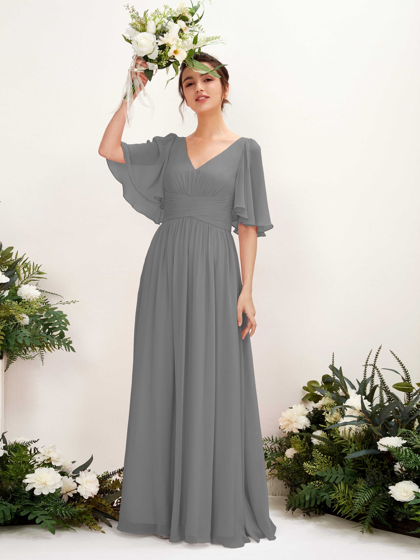 A-line V-neck 1/2 Sleeves Chiffon Bridesmaid Dress - Steel Gray (81221620)#color_steel-gray