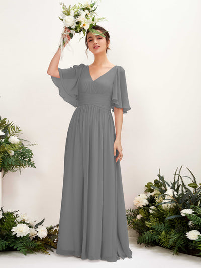 Carlyna Odette A-Line Steel Gray Bridesmaid Dress Maxi Short Sleeve V-Neck Dress #color_steel-gray