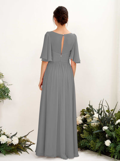 Carlyna Odette A-Line Steel Gray Bridesmaid Dress Maxi Short Sleeve V-Neck Dress #color_steel-gray