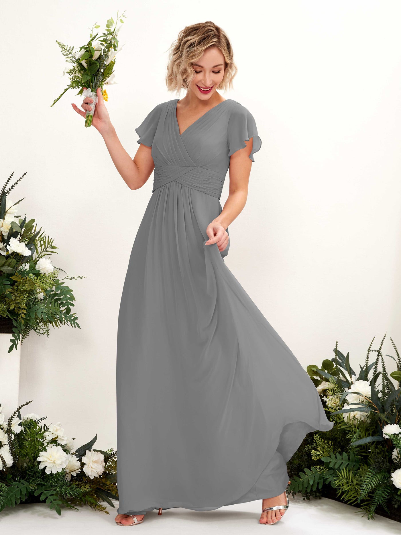 A-line V-neck Cap Sleeves Chiffon Bridesmaid Dress - Steel Gray (81224320)#color_steel-gray