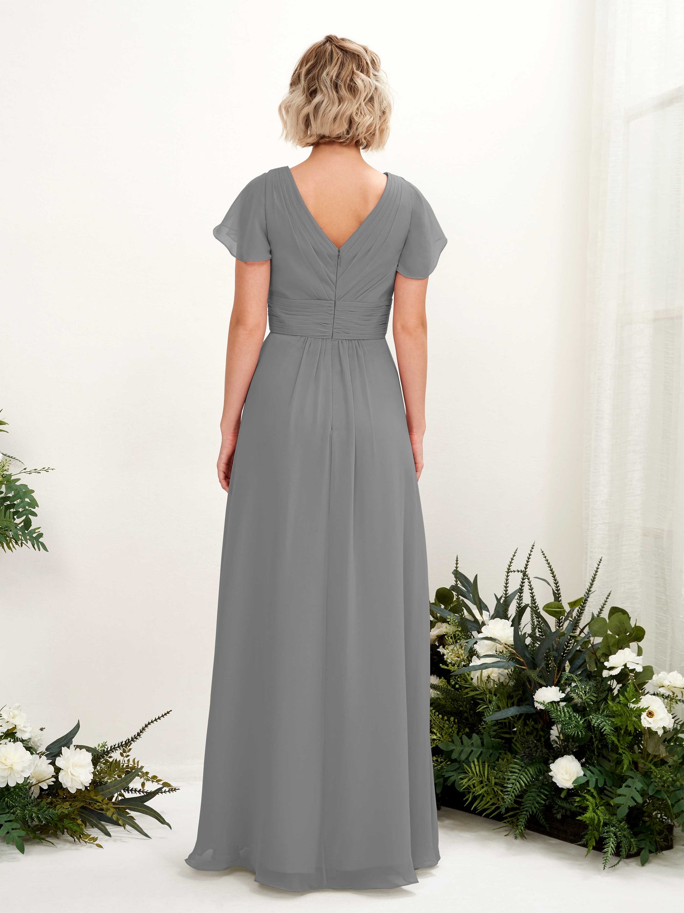 A-line V-neck Cap Sleeves Chiffon Bridesmaid Dress - Steel Gray (81224320)#color_steel-gray