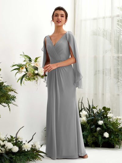 Carlyna Alain A-Line Steel Gray Bridesmaid Dress Maxi Cap Sleeve V-Neck Dress Front View #color_steel-gray