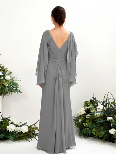 Carlyna Alain A-Line Steel Gray Bridesmaid Dress Maxi Cap Sleeve V-Neck Dress Back View #color_steel-gray