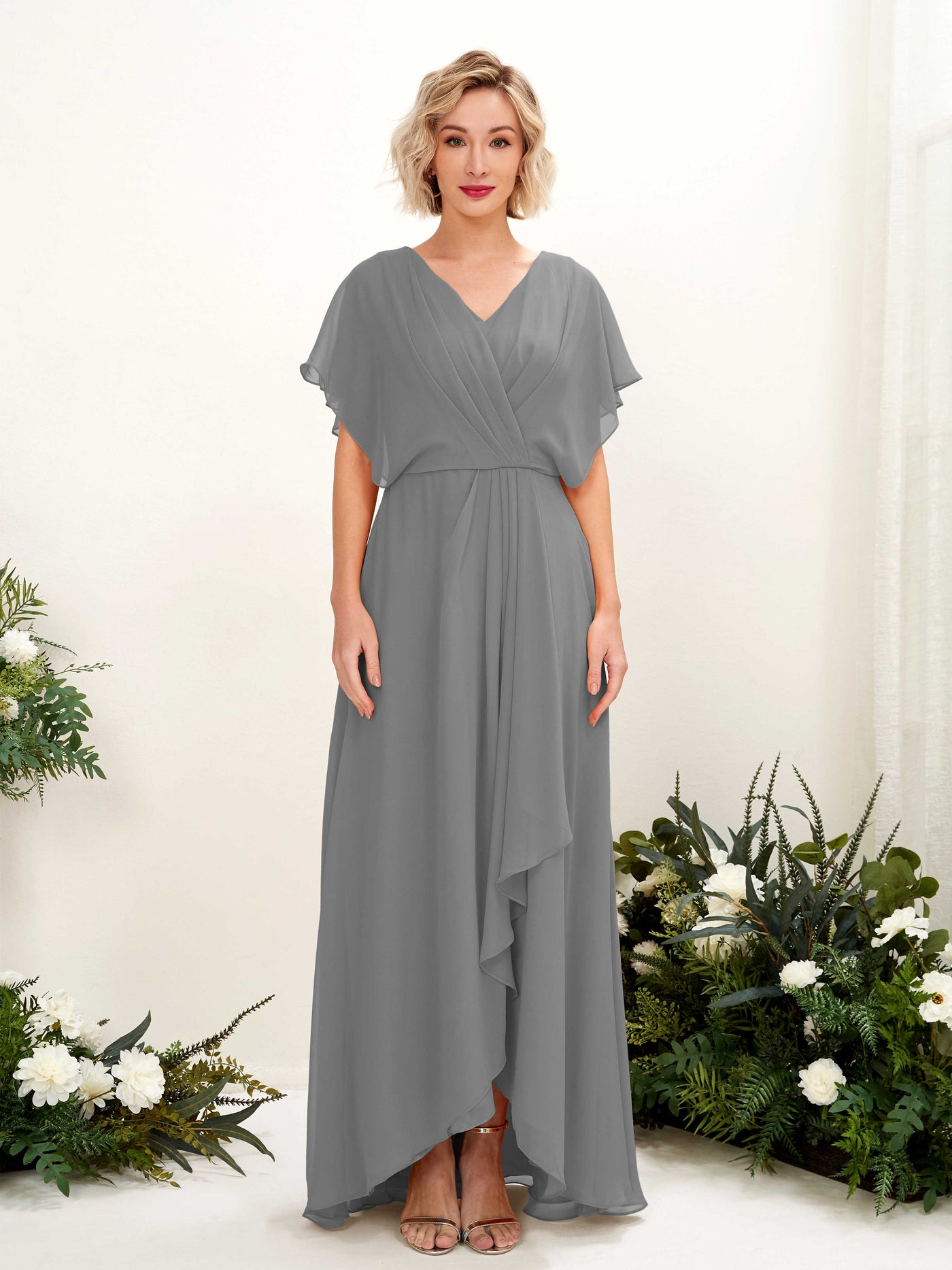 A-line V-neck Short Sleeves Chiffon Bridesmaid Dress - Steel Gray (81222120)#color_steel-gray