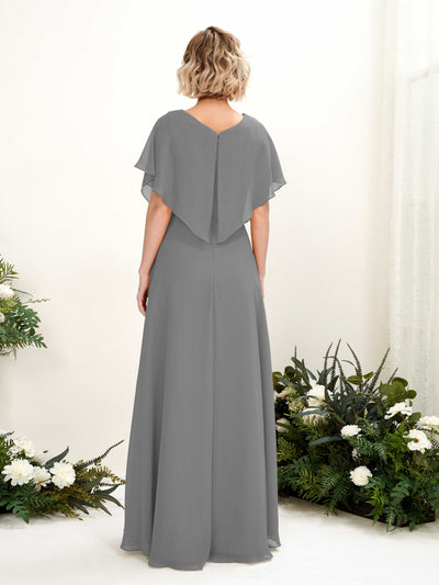Carlyna Soleil A-Line Steel Gray Bridesmaid Dress Maxi Short Sleeve V-Neck Dress #color_steel-gray