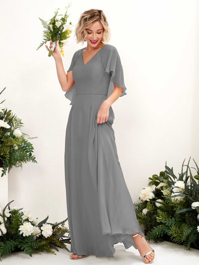 Carlyna Winnie A-Line Steel Gray Bridesmaid Dress Maxi Short Sleeve V-Neck Dress #color_steel-gray