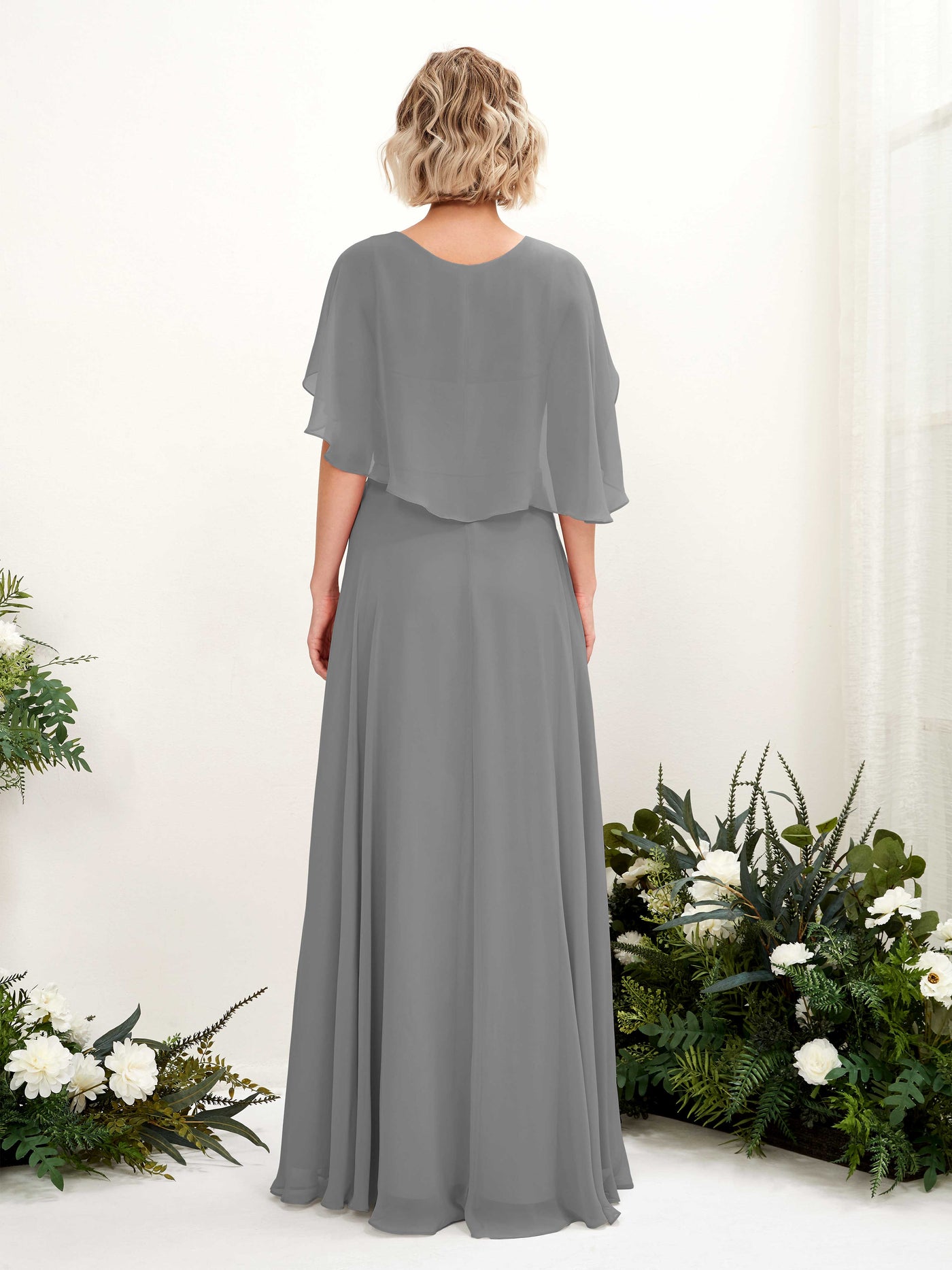 A-line V-neck Short Sleeves Chiffon Bridesmaid Dress - Steel Gray (81224420)#color_steel-gray