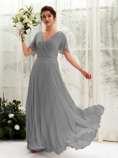 Carlyna Daphne A-Line Steel Gray Bridesmaid Dress Maxi Short Sleeve V-Neck Dress Front View #color_steel-gray