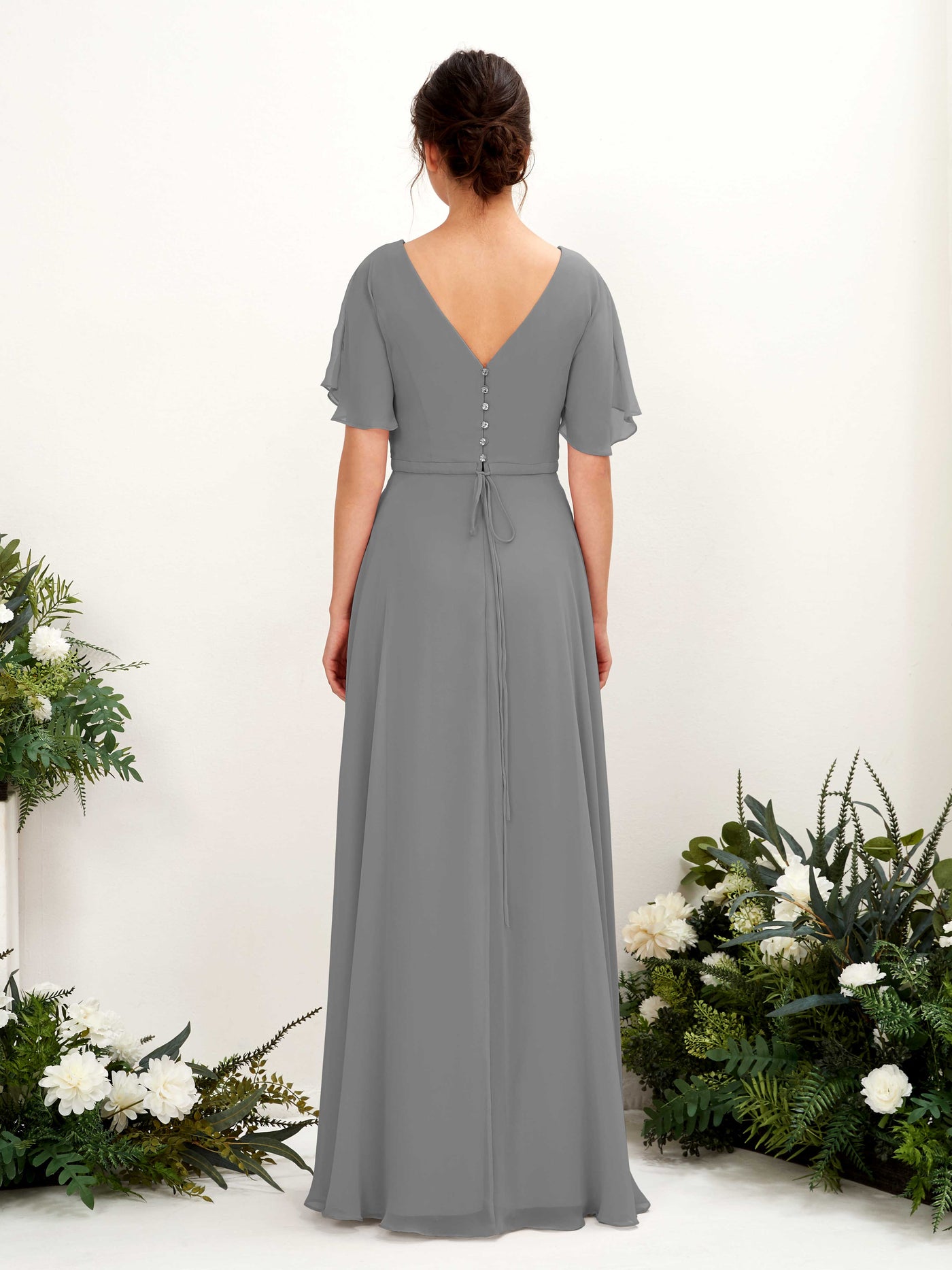 A-line V-neck Short Sleeves Chiffon Bridesmaid Dress - Steel Gray (81224620)#color_steel-gray