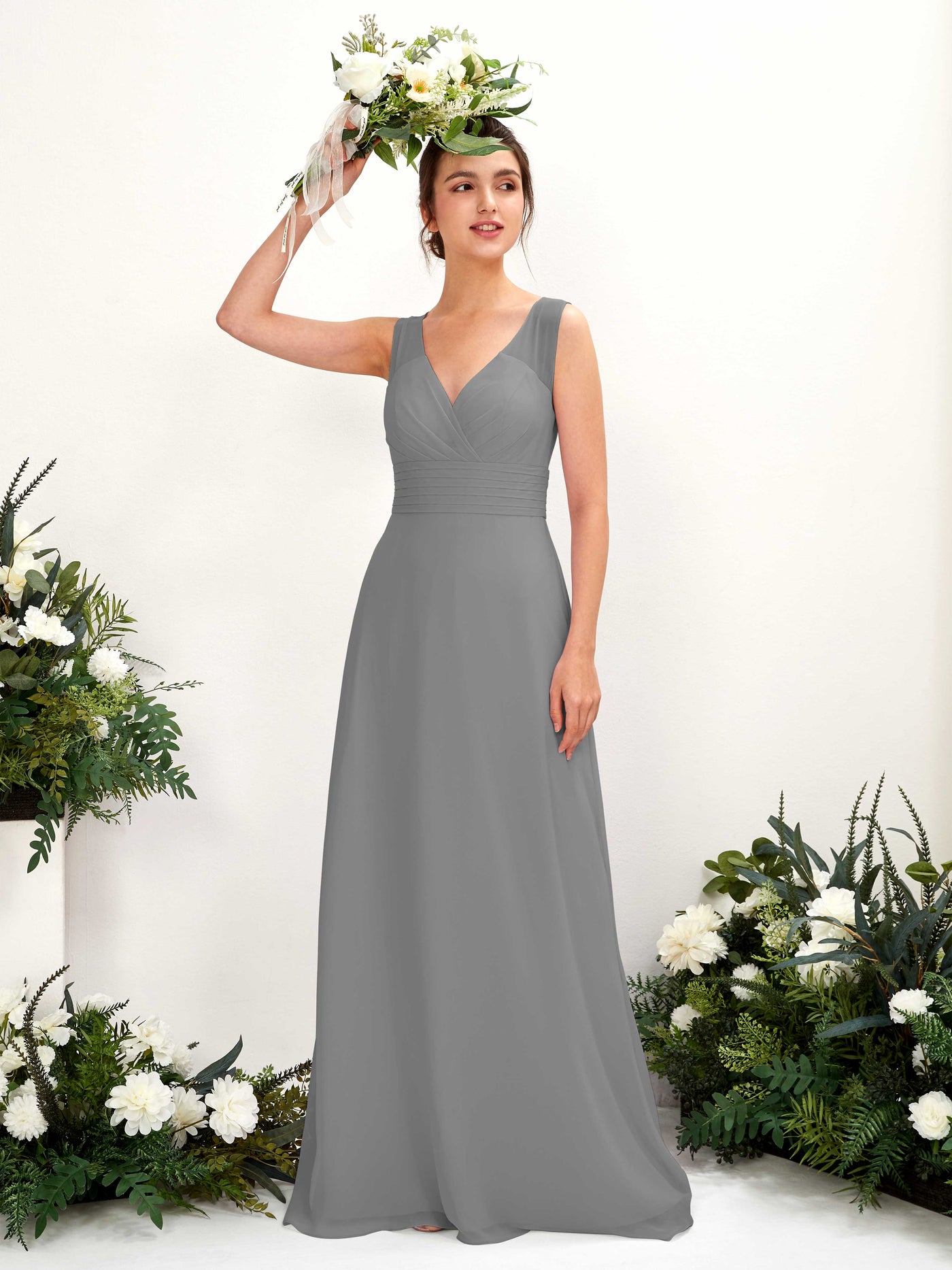 A-line V-neck Sleeveless Chiffon Bridesmaid Dress - Steel Gray (81220920)#color_steel-gray
