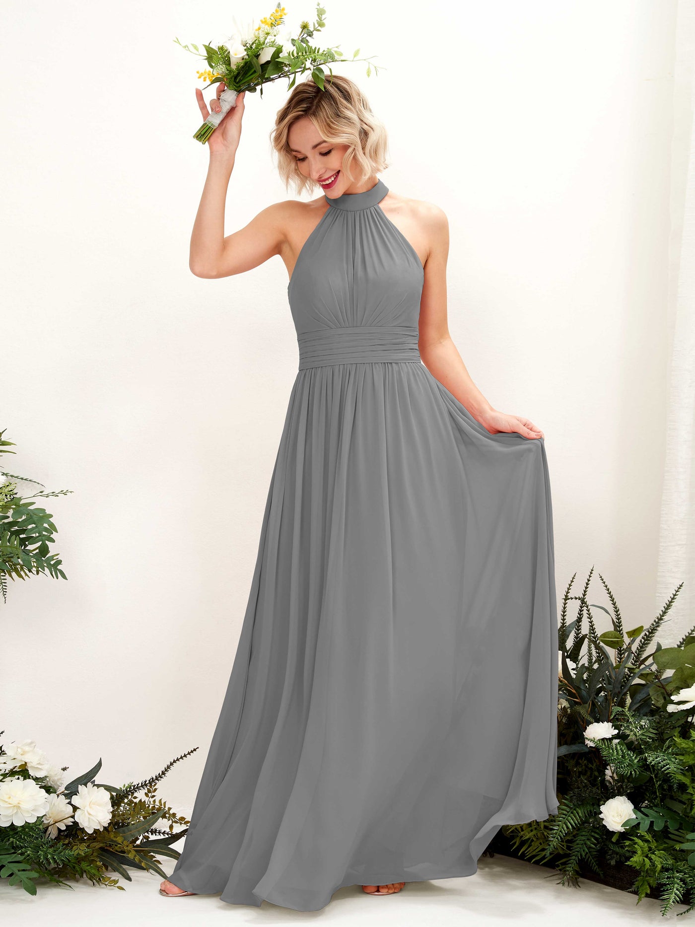 Ball Gown Halter Sleeveless Chiffon Bridesmaid Dress - Steel Gray (81225320)#color_steel-gray