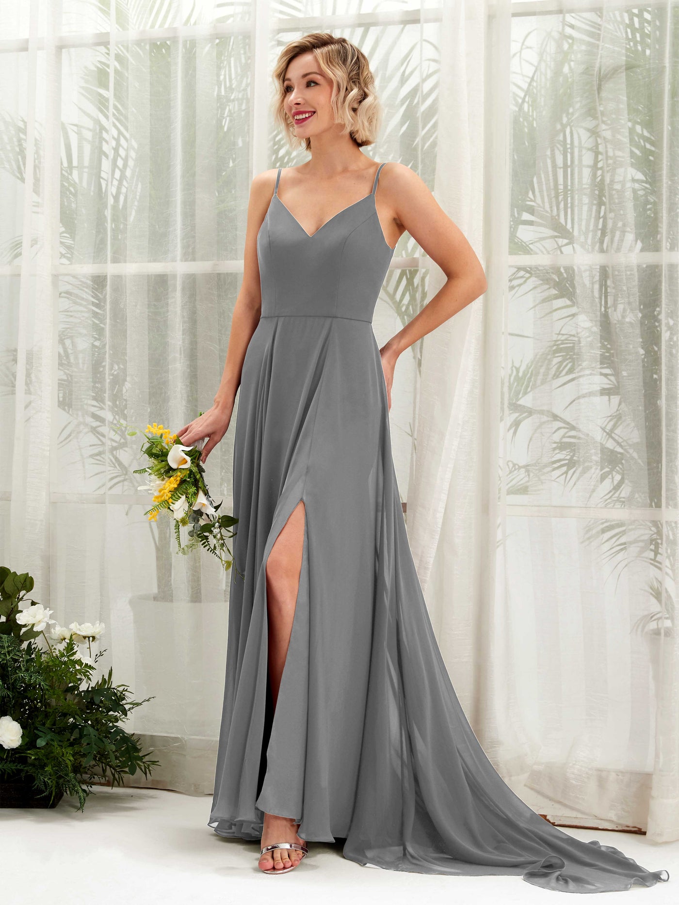 Ball Gown V-neck Sleeveless Bridesmaid Dress - Steel Gray (81224120)#color_steel-gray