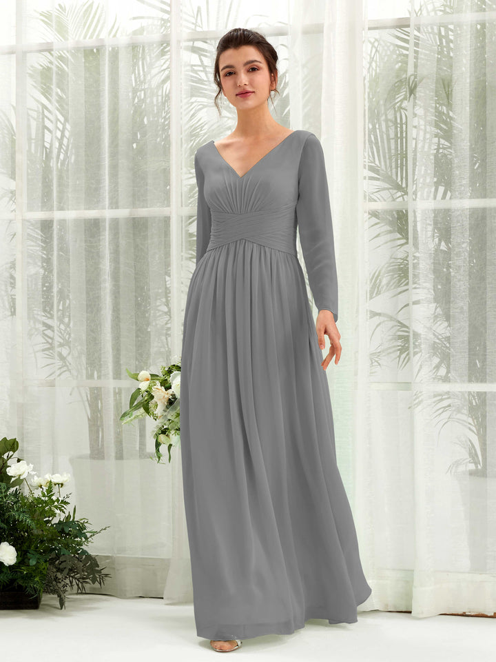 Ball Gown V-neck Long Sleeves Chiffon Bridesmaid Dress - Steel Gray (81220320)
