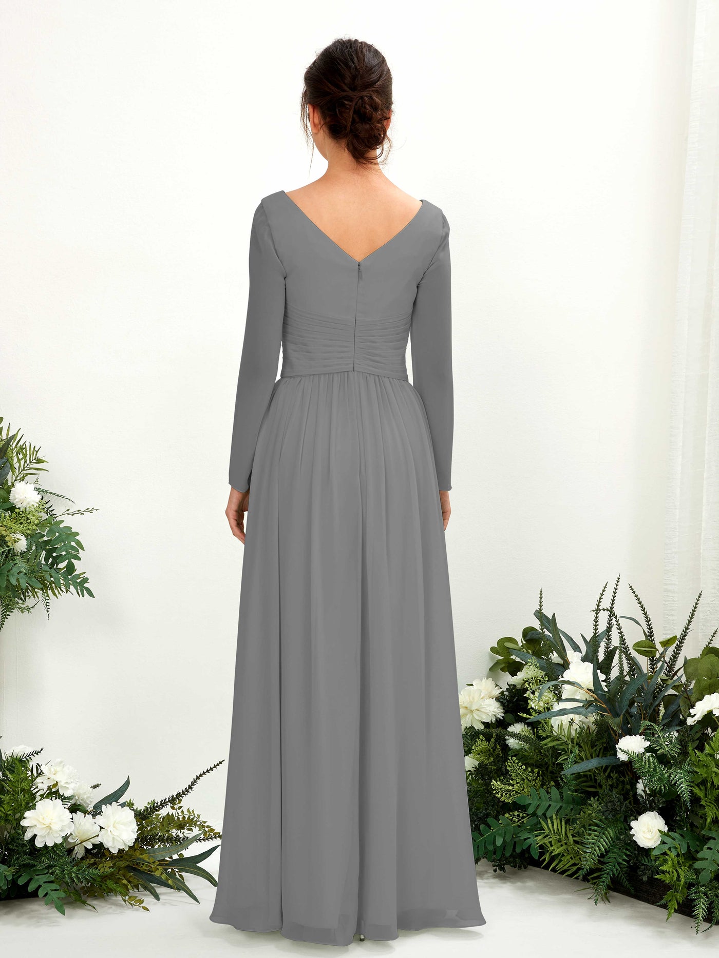 Ball Gown V-neck Long Sleeves Chiffon Bridesmaid Dress - Steel Gray (81220320)#color_steel-gray