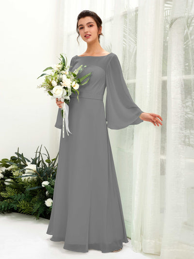 Carlyna Elie A-Line Steel Gray Bridesmaid Dress Maxi Long Sleeve Boat Neck Front View #color_steel-gray