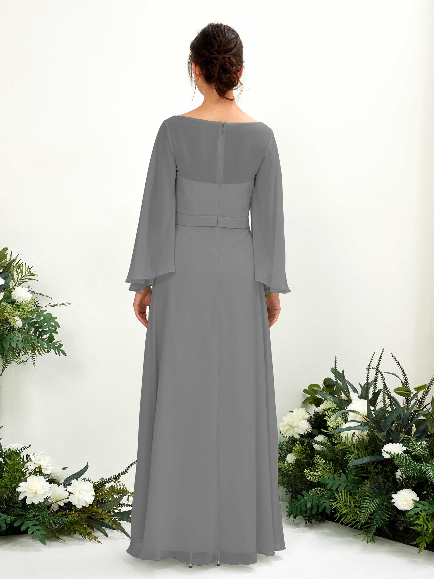 Bateau Illusion Long Sleeves Chiffon Bridesmaid Dress - Steel Gray (81220520)#color_steel-gray