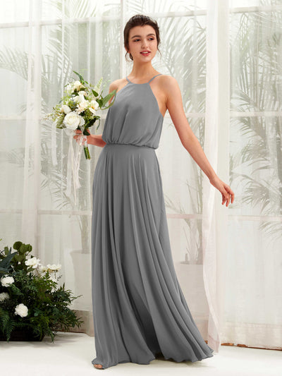 Carlyna Alva A-Line Steel Gray Bridesmaid Dress Maxi Sleeveless Halter Dress Front View #color_steel-gray