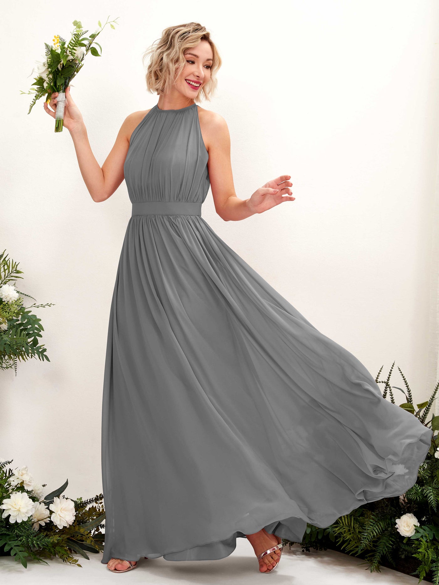 Halter Sleeveless Chiffon Bridesmaid Dress - Steel Gray (81223120)#color_steel-gray