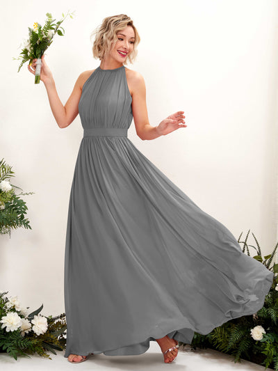 Carlyna Eden A-Line Steel Gray Bridesmaid Dress Maxi Sleeveless Round Neck Dress Front View #color_steel-gray