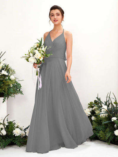 Carlyna Launo A-Line Steel Gray Bridesmaid Dress Maxi Sleeveless V-Neck Dress #color_steel-gray