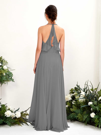 Carlyna Launo A-Line Steel Gray Bridesmaid Dress Maxi Sleeveless V-Neck Dress #color_steel-gray