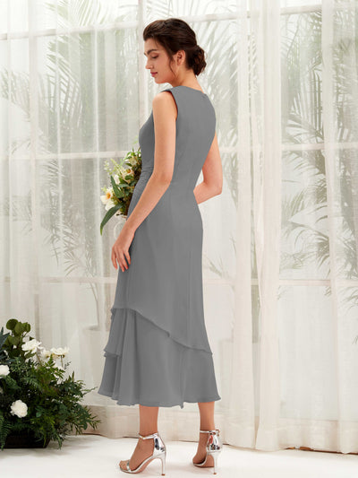 Carlyna Raina Mermaid Steel Gray Bridesmaid Dress Midi Sleeveless Round Neck Dress #color_steel-gray