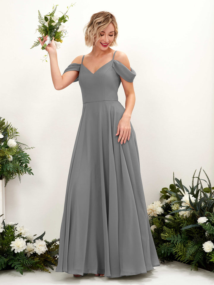 Off Shoulder Straps V-neck Sleeveless Chiffon Bridesmaid Dress - Steel Gray (81224920)