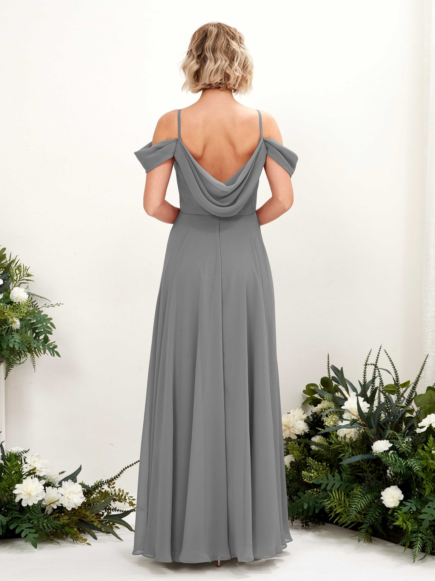 Off Shoulder Straps V-neck Sleeveless Chiffon Bridesmaid Dress - Steel Gray (81224920)#color_steel-gray