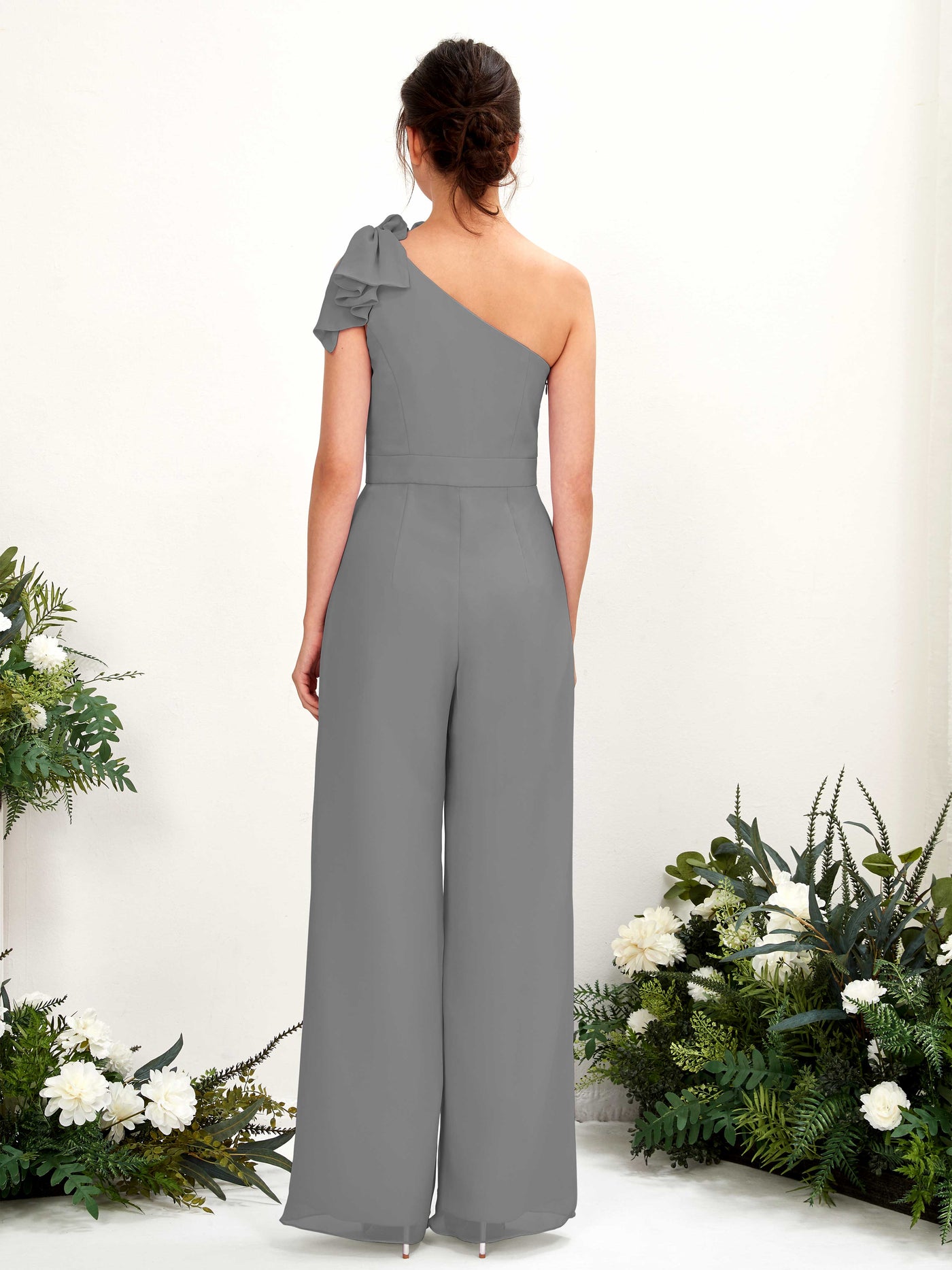 One Shoulder Sleeveless Chiffon Bridesmaid Wide-Leg Jumpsuit - Steel Gray (81220820)#color_steel-gray