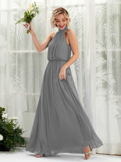 Carlyna Bess A-Line Steel Gray Bridesmaid Dress Maxi Sleeveless Halter Dress Front View #color_steel-gray