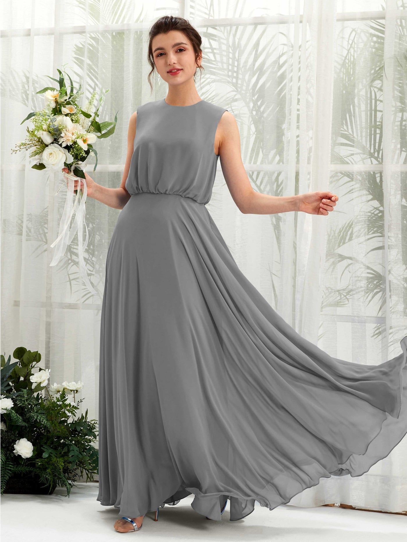 Round Sleeveless Chiffon Bridesmaid Dress - Steel Gray (81222820)#color_steel-gray