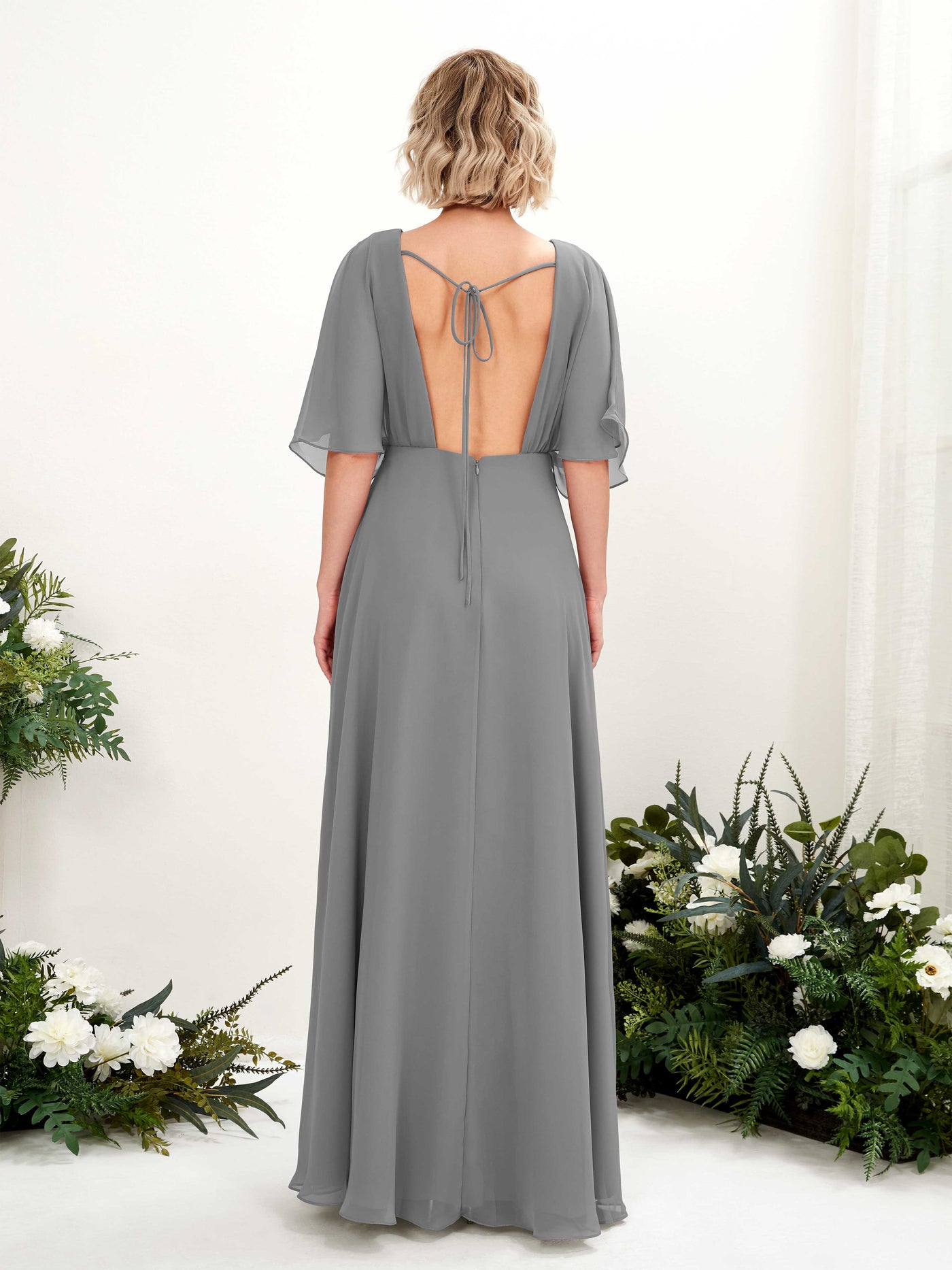 V-neck 1/2 Sleeves Chiffon Bridesmaid Dress - Steel Gray (81225120)#color_steel-gray