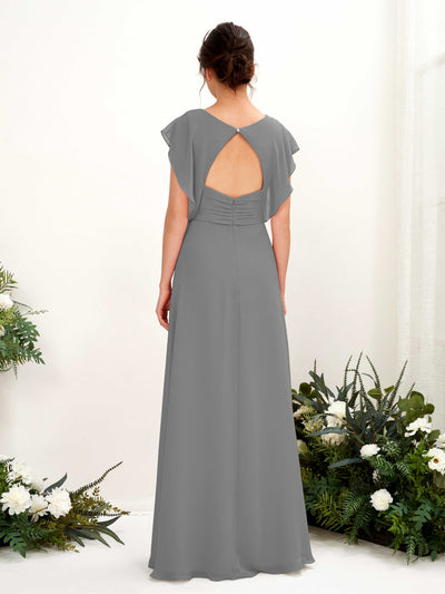 Carlyna Annie A-Line Steel Gray Bridesmaid Dress Maxi Cap Sleeve V-Neck Dress Back View #color_steel-gray