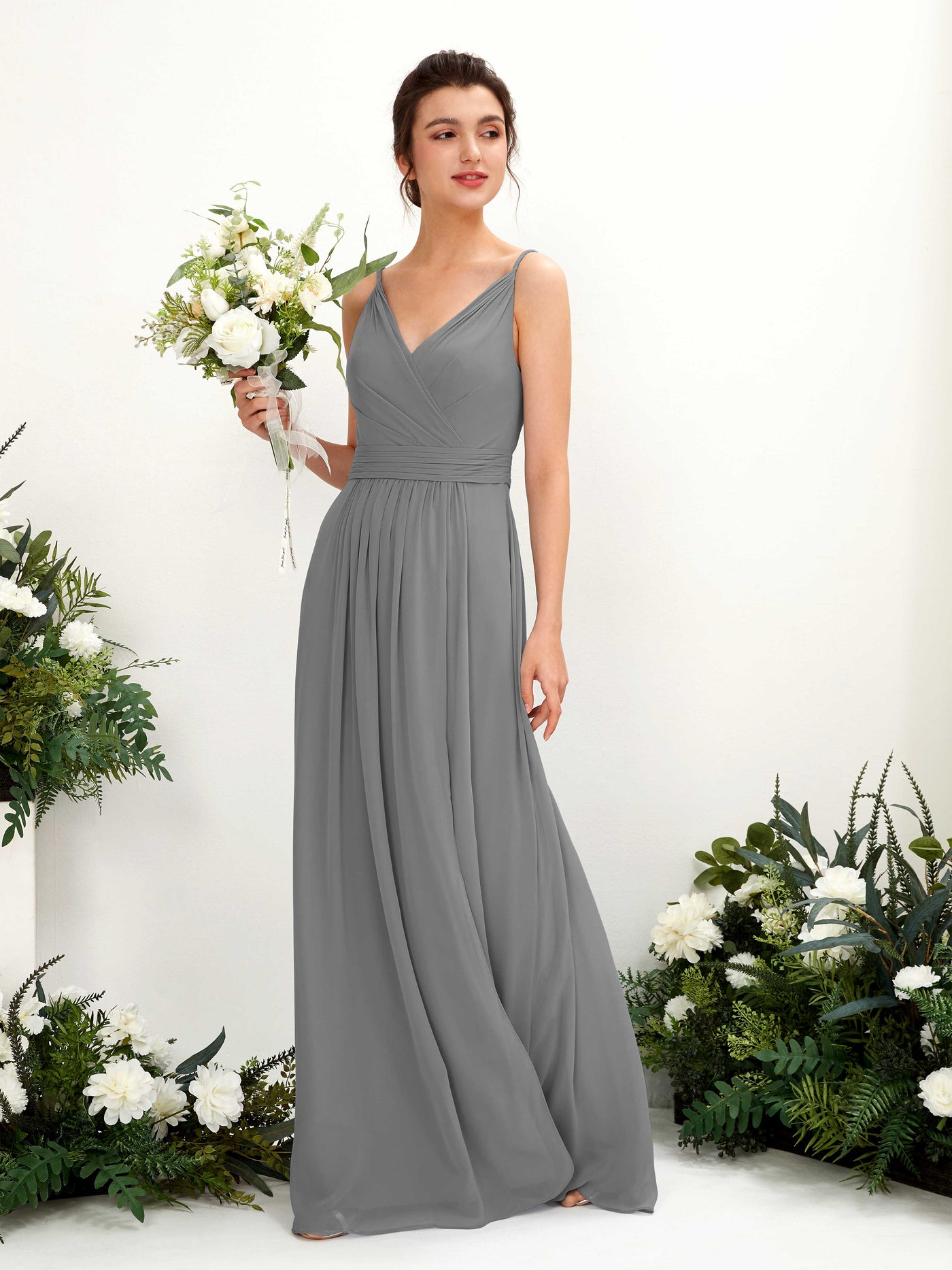 Spaghetti-straps V-neck Sleeveless Bridesmaid Dress - Steel Gray (81223920)#color_steel-gray