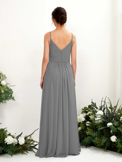 Carlyna Dira A-Line Steel Gray Bridesmaid Dress Maxi Sleeveless V-Neck Dress Back View #color_steel-gray