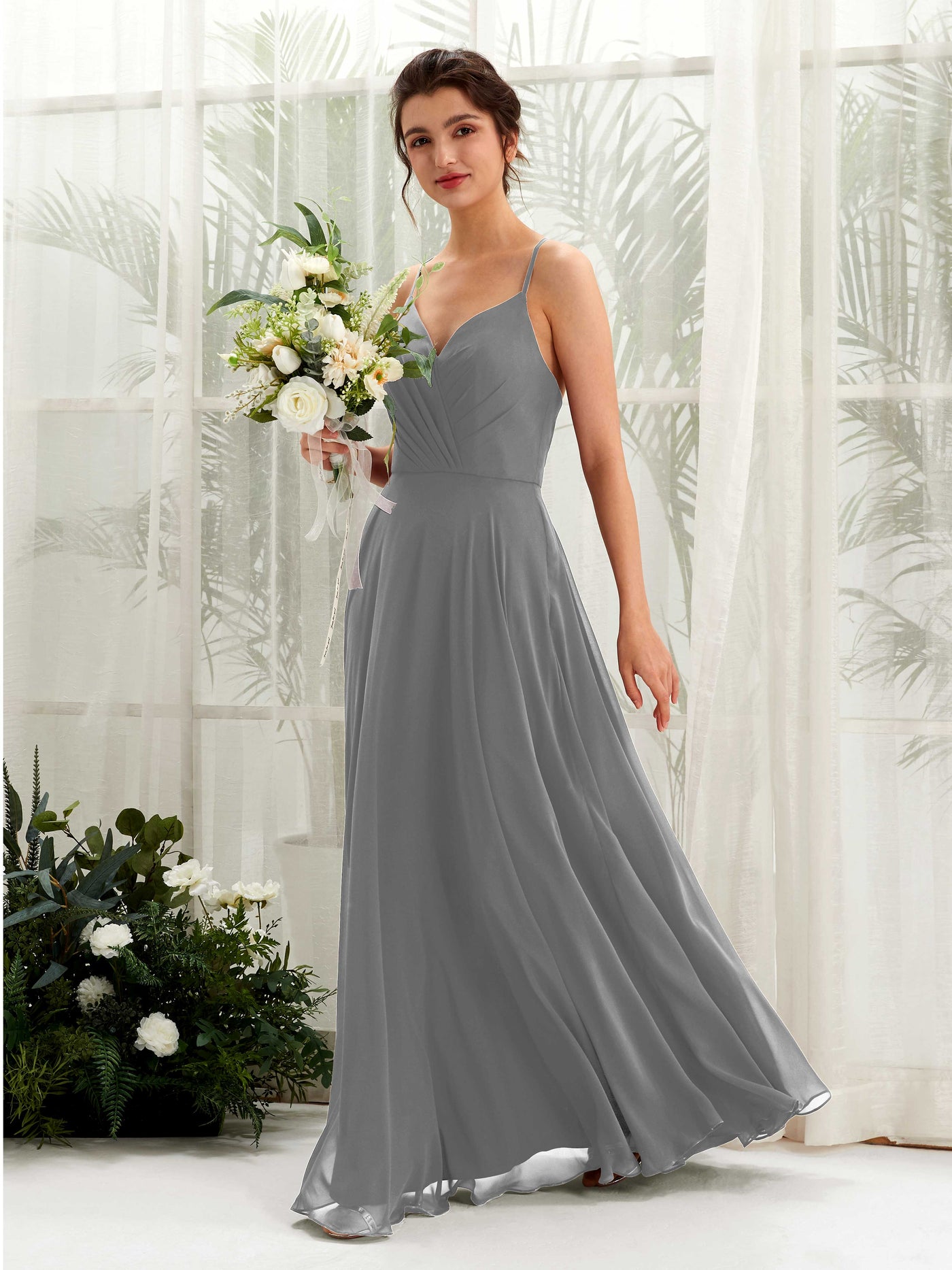 Spaghetti-straps V-neck Sleeveless Bridesmaid Dress - Steel Gray (81224220)#color_steel-gray