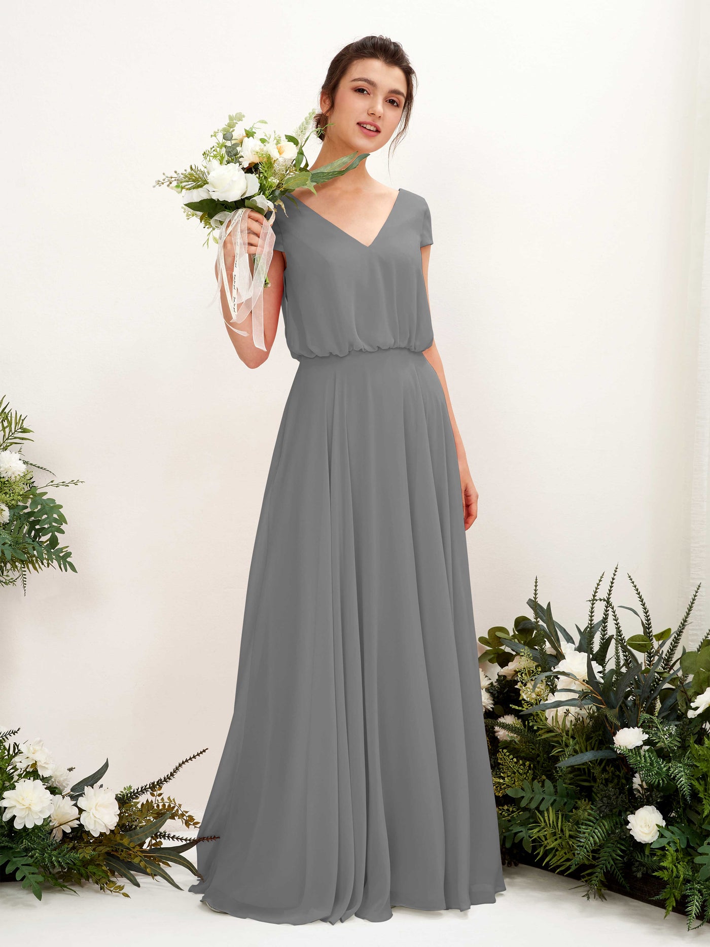 V-neck Cap Sleeves Chiffon Bridesmaid Dress - Steel Gray (81221820)#color_steel-gray
