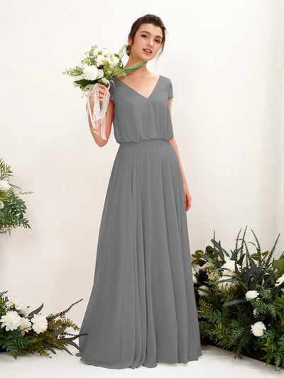 Carlyna Pauline A-Line Steel Gray Bridesmaid Dress Maxi Cap Sleeve V-Neck Dress #color_steel-gray