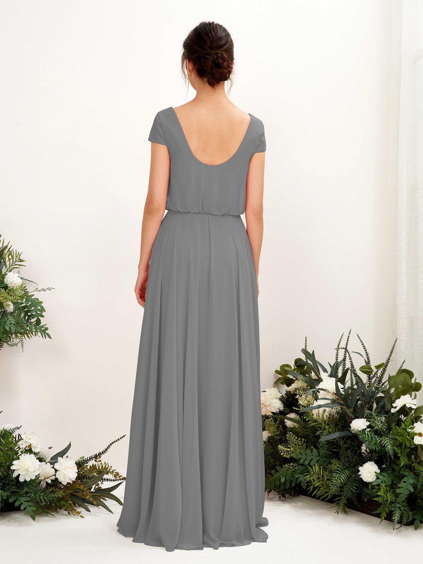 V-neck Cap Sleeves Chiffon Bridesmaid Dress - Steel Gray (81221820)#color_steel-gray
