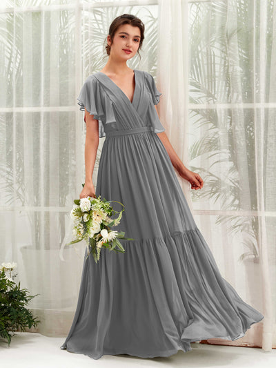 Carlyna Chaya A-Line Steel Gray Bridesmaid Dress Maxi Cap Sleeve V-Neck Dress Front View #color_steel-gray
