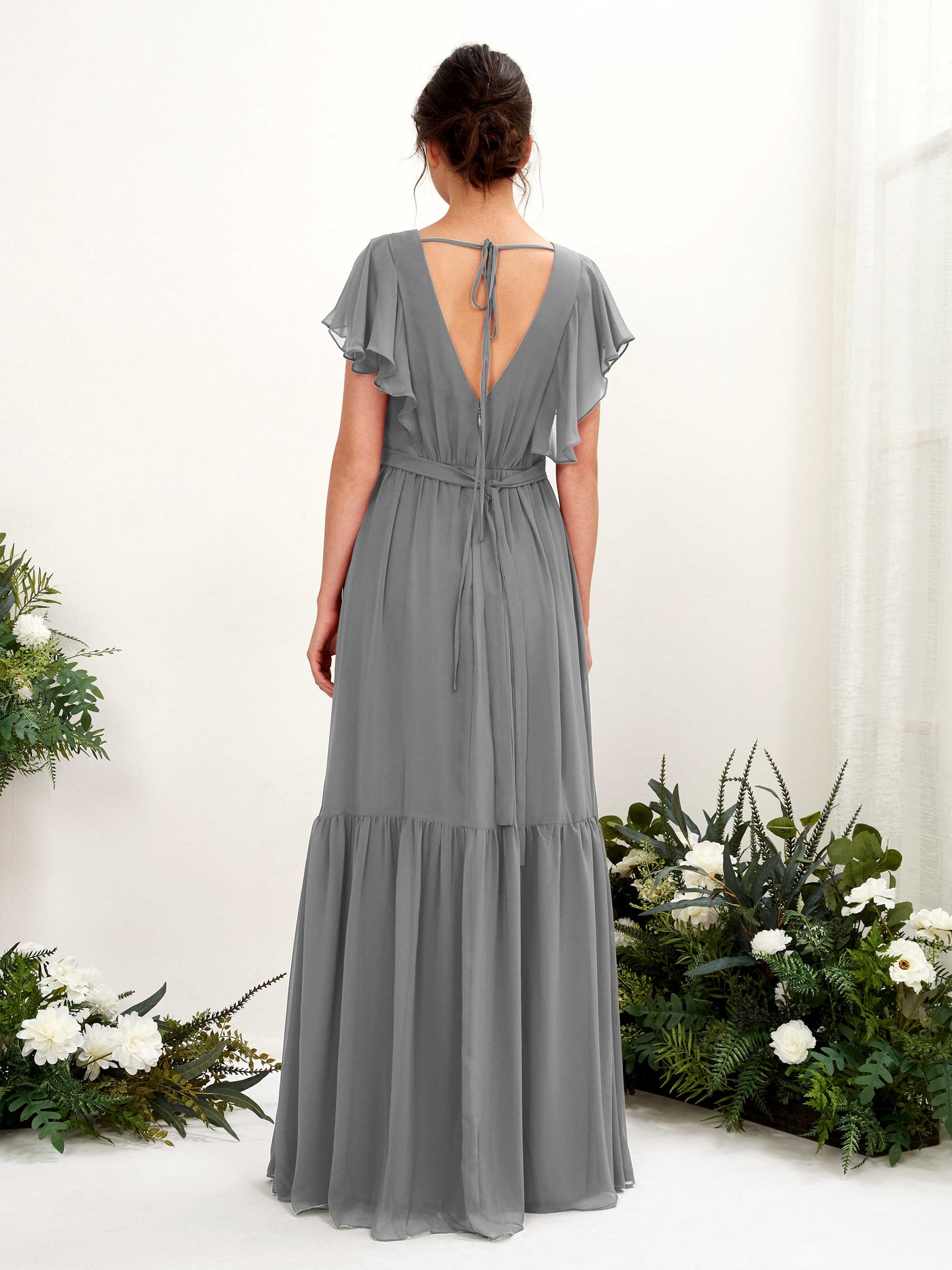 V-neck Cap Sleeves Chiffon Bridesmaid Dress - Steel Gray (81225920)#color_steel-gray